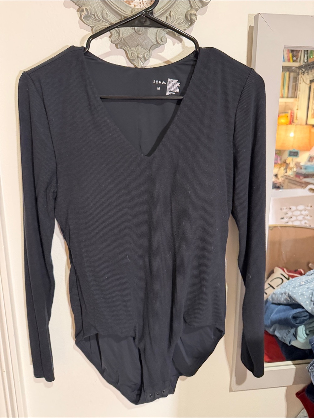 Soma Black Long-Sleeve V-Neck Bodysuit with Snap Closure